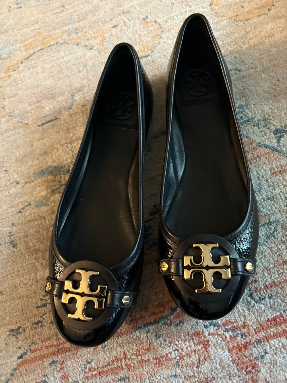 Tory Burch Black Patent Leather Logo Flats with Gold Emblem